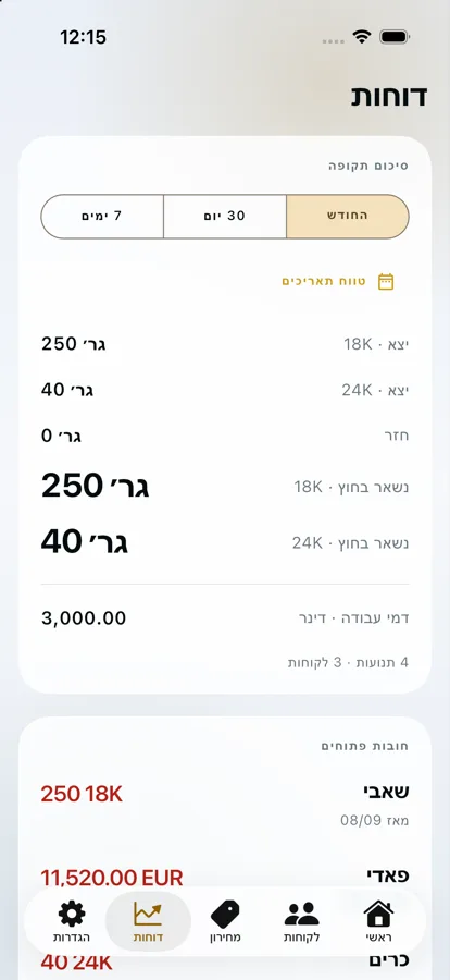 מסך הדוחות של Carnet